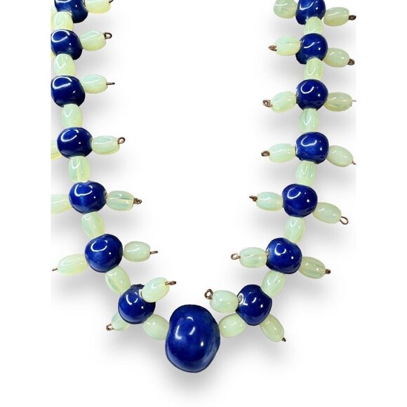 Vintage Green Uranium Glowing Glass Blue Ceramic Bead Necklace 21.5” Hook Clasp - Picture 5 of 10
